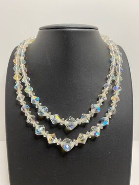 Vintage AB Crystal Necklace Double Strand Faceted Clear Glass Beads Rhinestone